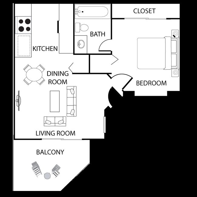 1 Bedroom x 1 Bath floor plan